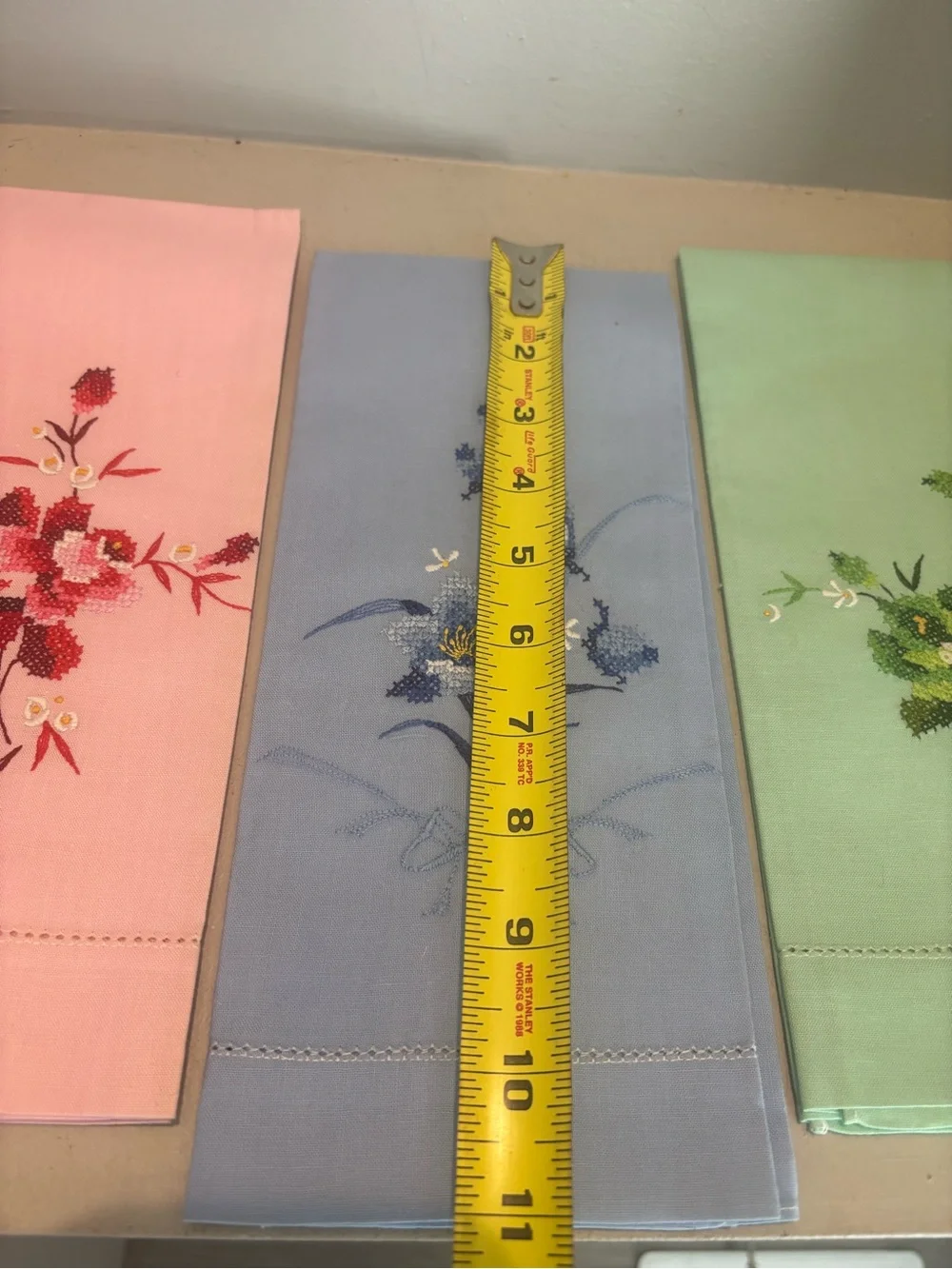 3 Floral Embroidered Linen kitchen bath napkin vintage blue pink  pastel hand